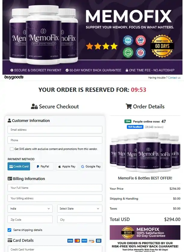 MemoFix Secure Checkout Page